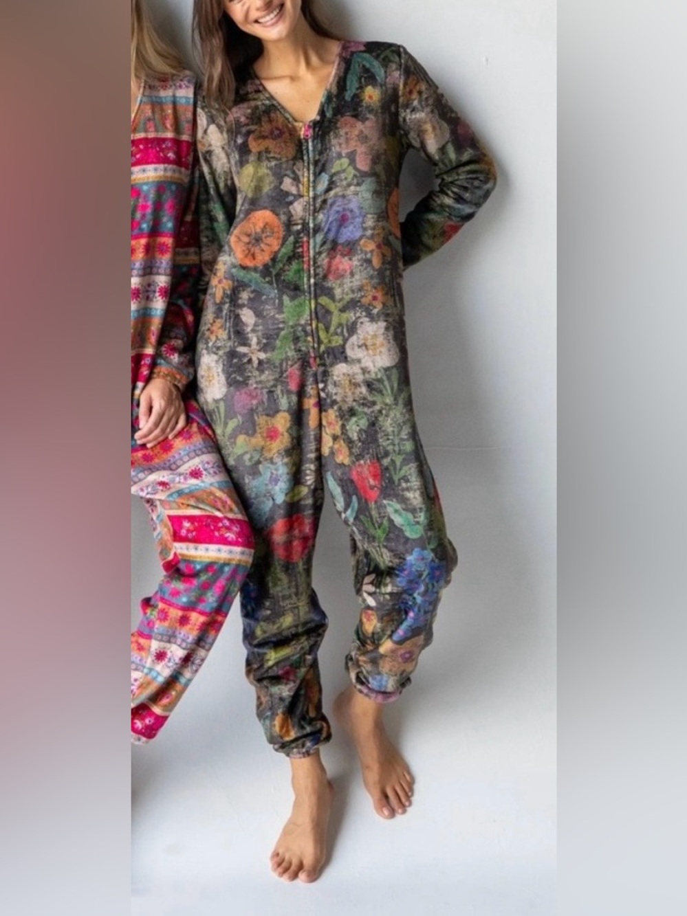 Natural Life XL Floral Cozy Fleece Jumpsuit One Piece Zip Front Boho Lounge NWT